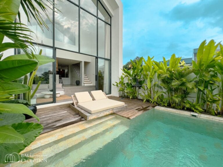 Modern house with pool and tropical plants.
