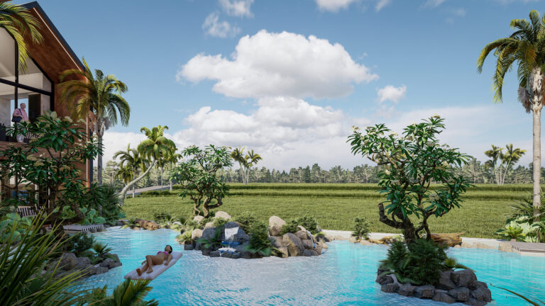 Tropical resort with pool and palm trees