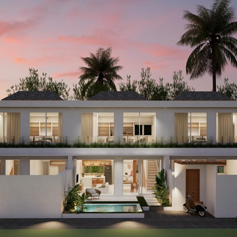 Modern two-story villa at sunset with pool.