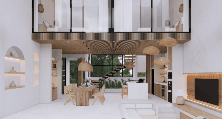 Modern open-concept living room with wooden accents.
