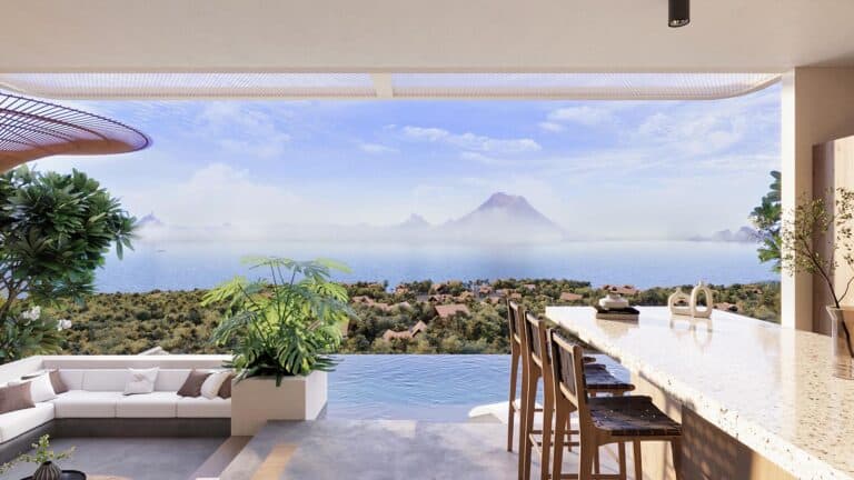 Luxurious terrace with ocean and mountain view.