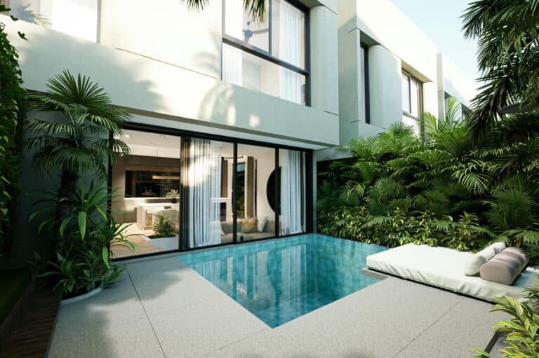 Modern villa with pool and lush greenery