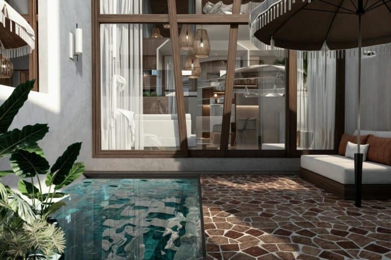 Luxury patio with pool and modern furnishings