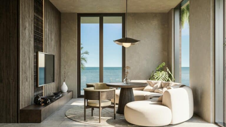 Modern living room with ocean view.