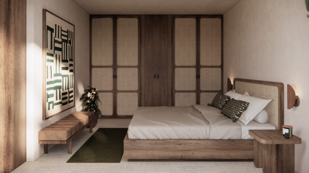 Modern bedroom with natural light and wooden furniture