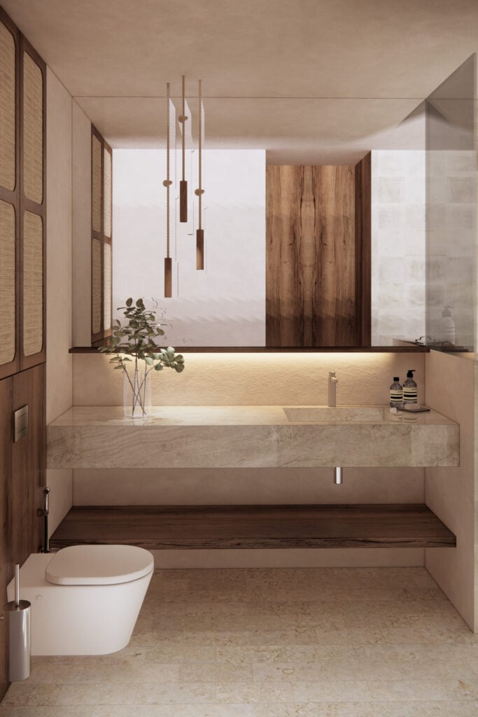 Modern bathroom with wooden storage and plants.