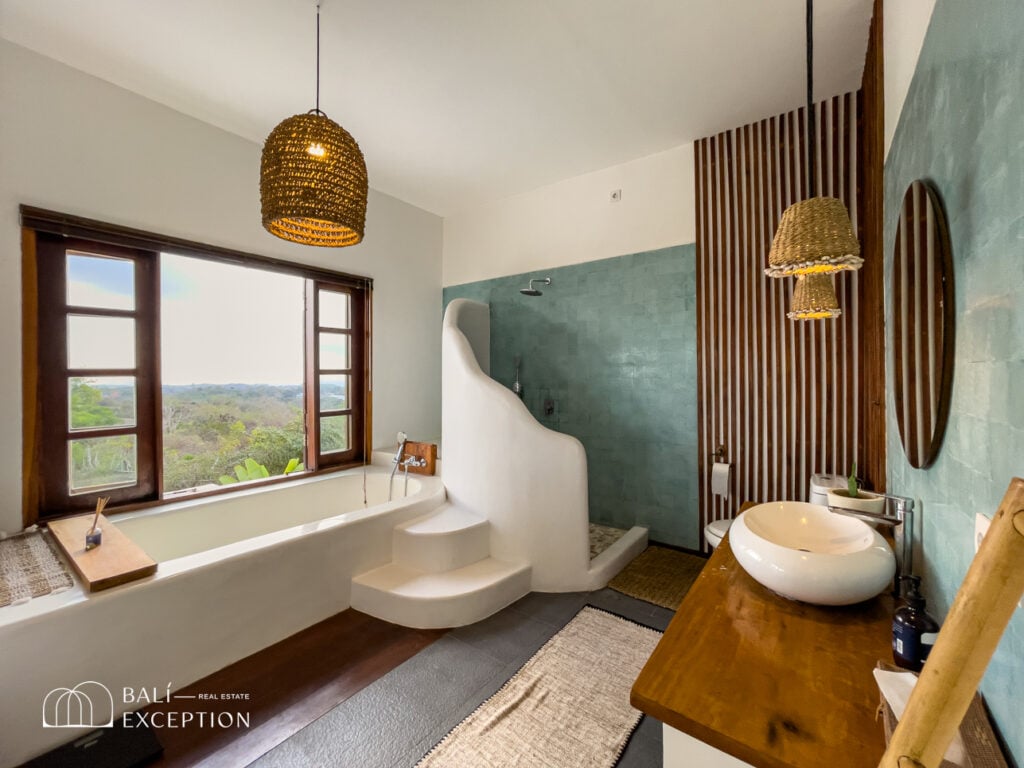Modern bathroom with scenic window view
