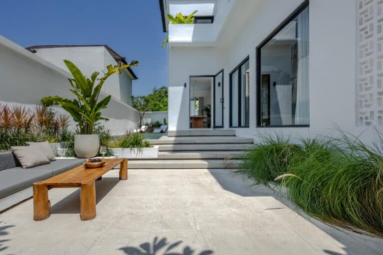 Modern patio with plants and wooden bench