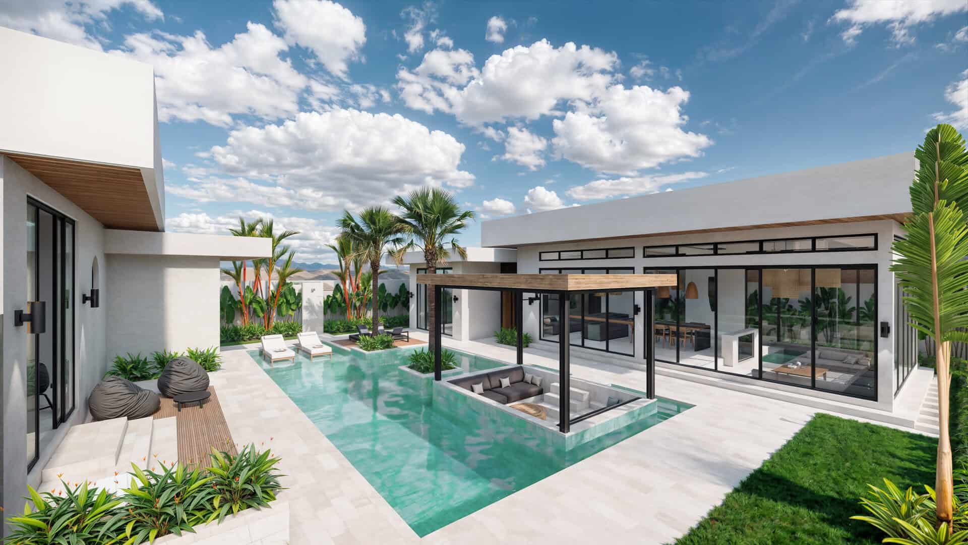 Modern house with pool and outdoor seating area.