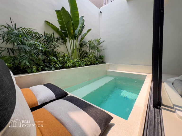 Private villa pool with plants and cushions.