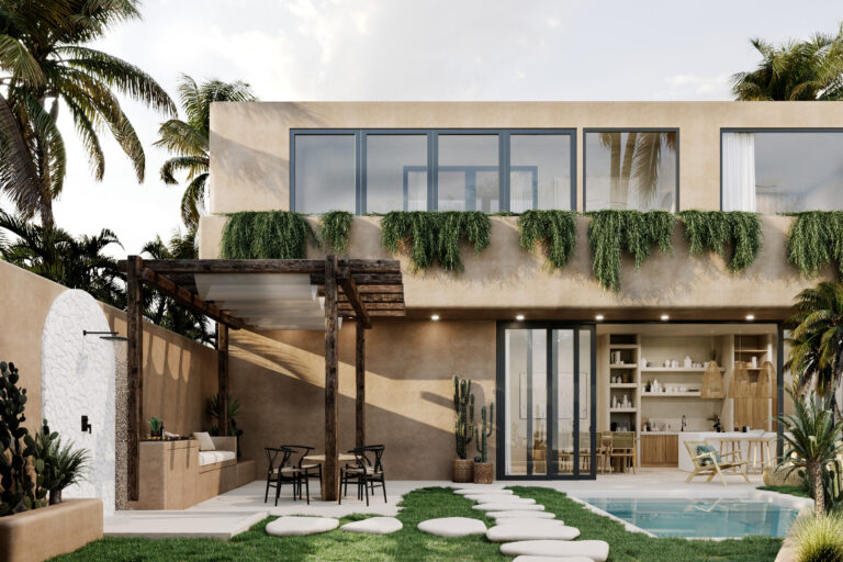 Modern villa with outdoor patio and green plants.