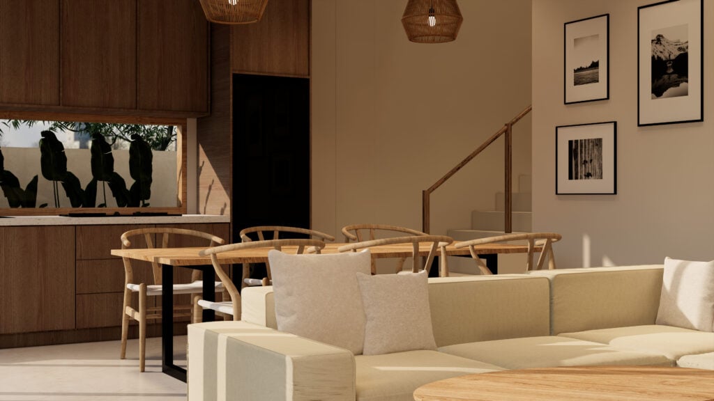 Modern kitchen and dining area with wooden furniture.