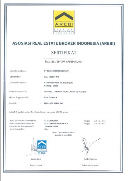 AREBI certificate for PT Bali Exception Estate