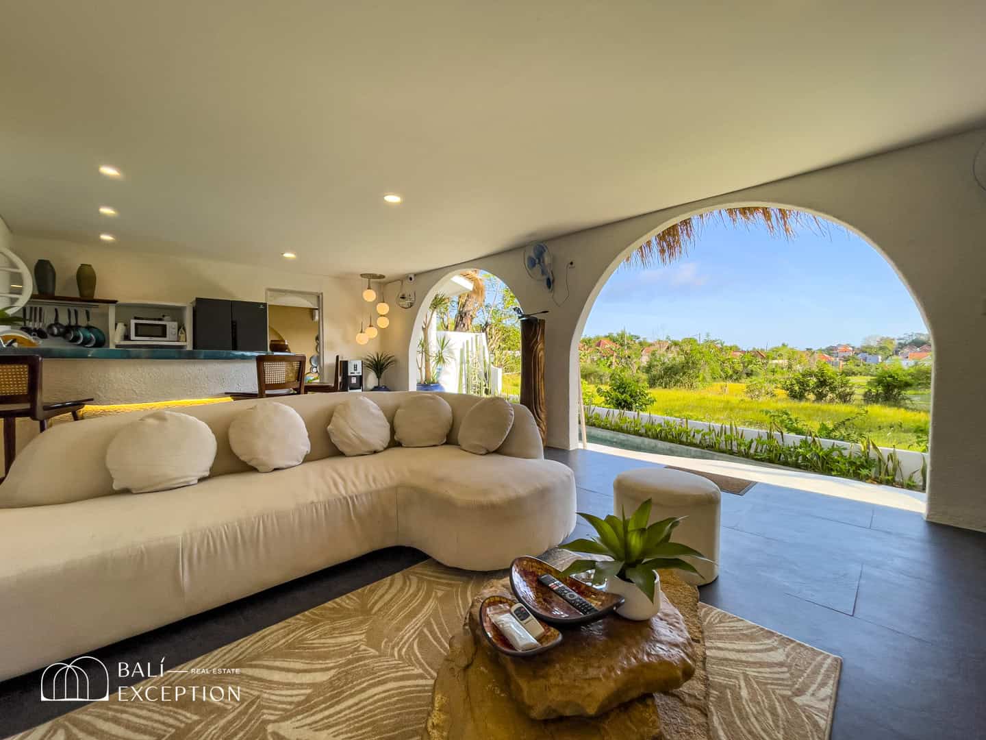 Luxurious open living room with scenic countryside view.