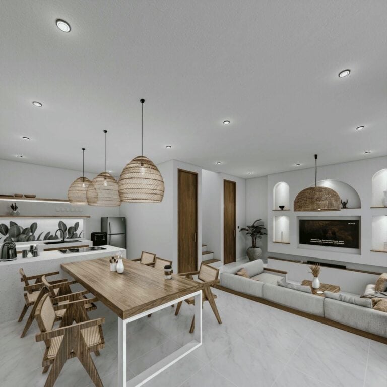 Modern kitchen and living room with wicker lighting