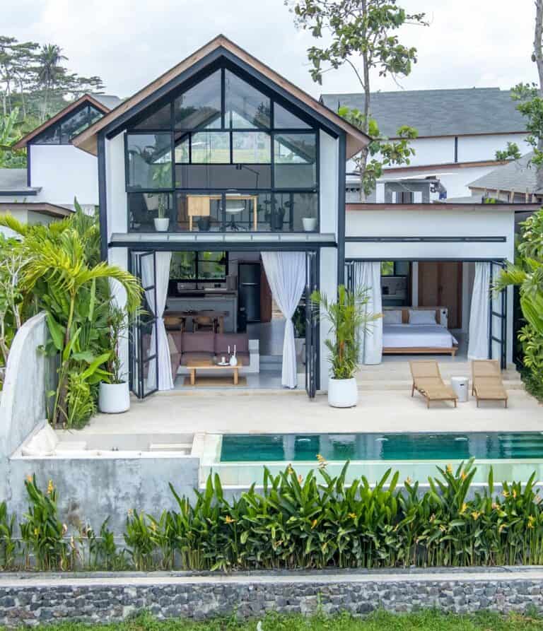 Modern villa with pool and greenery