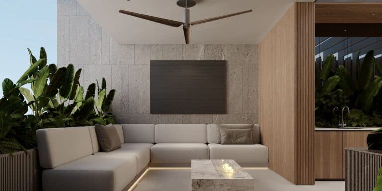 Modern living room with plants and ceiling fan