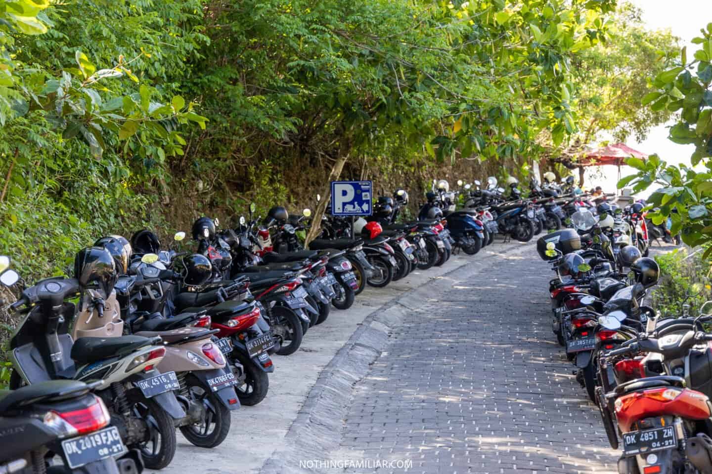 Motorcycles parked along scenic pathway with greenery