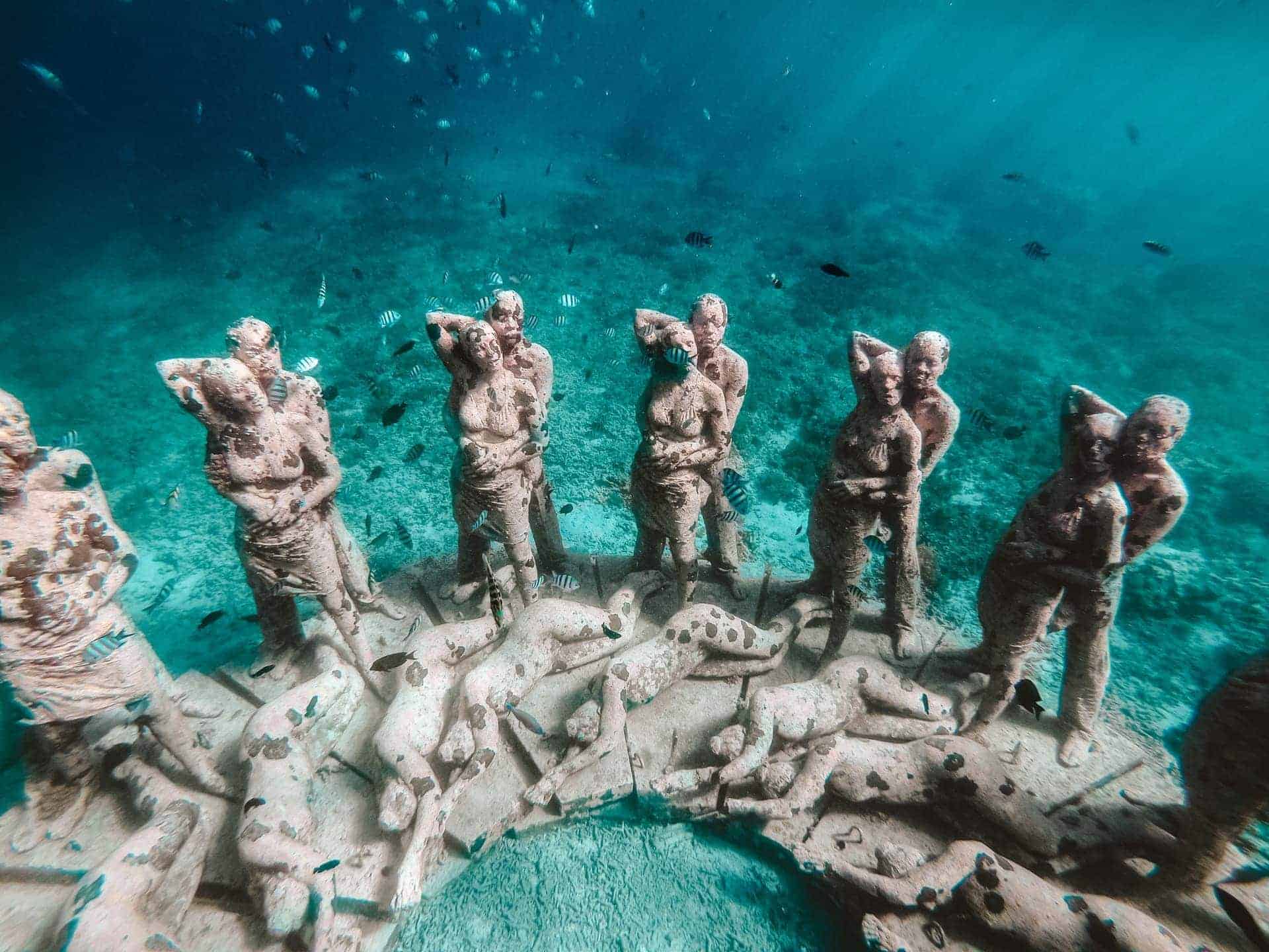 Underwater sculptures surrounded by fish