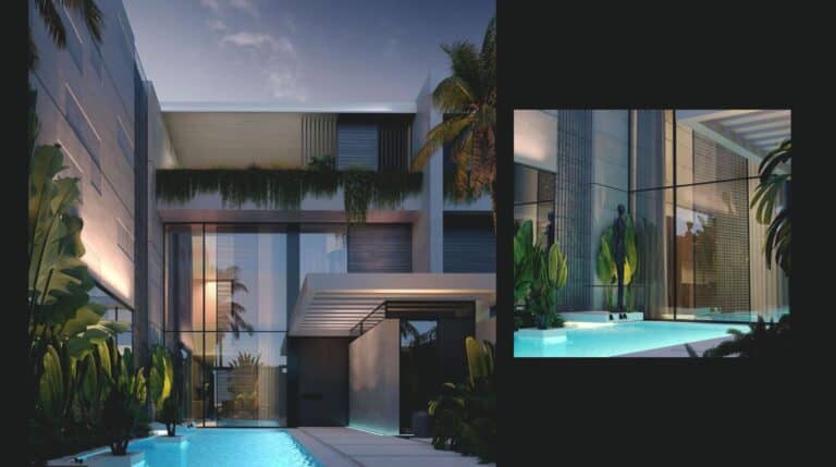 Modern house with pool and plants at dusk.