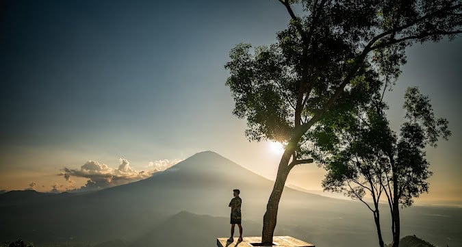 Person standing on platform overlooking misty mountain