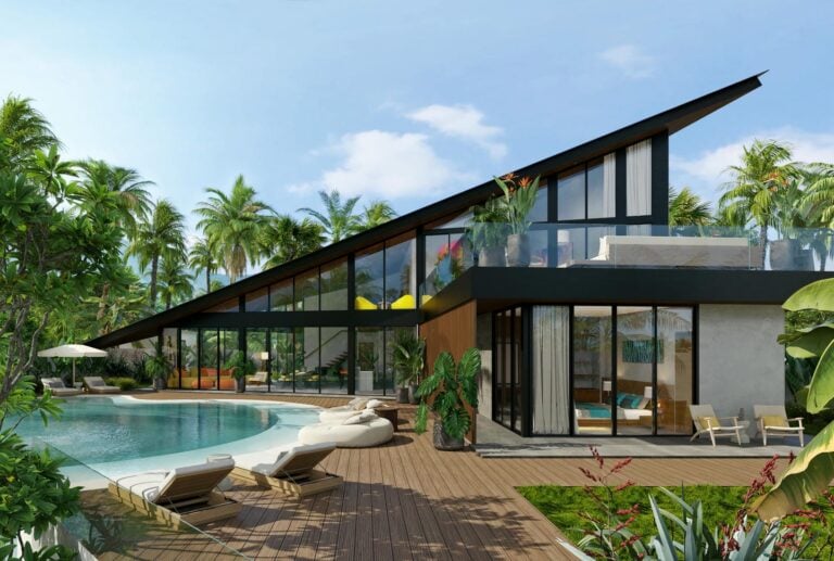 Modern villa with pool and palm trees.