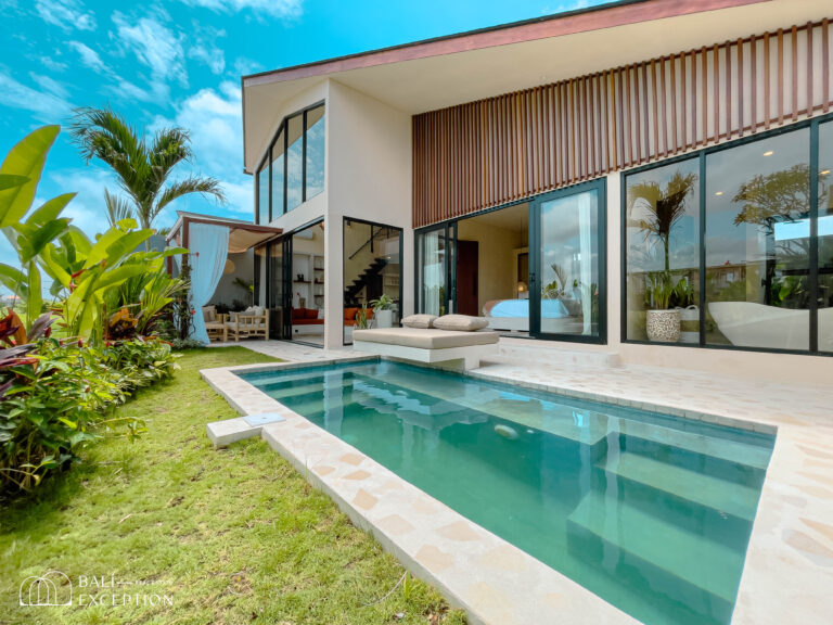 Modern villa with pool and tropical plants