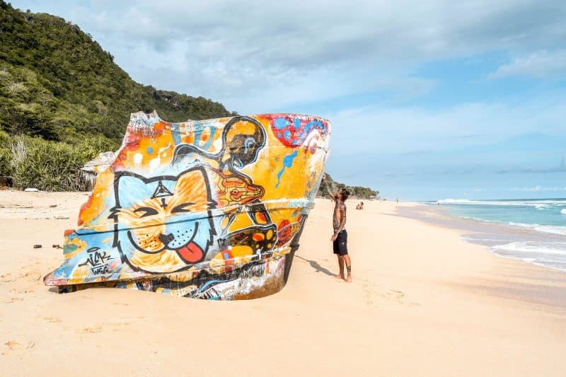 Man observes colorful graffiti on beach wreckage