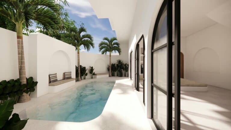 Luxury villa pool with tropical palm trees.