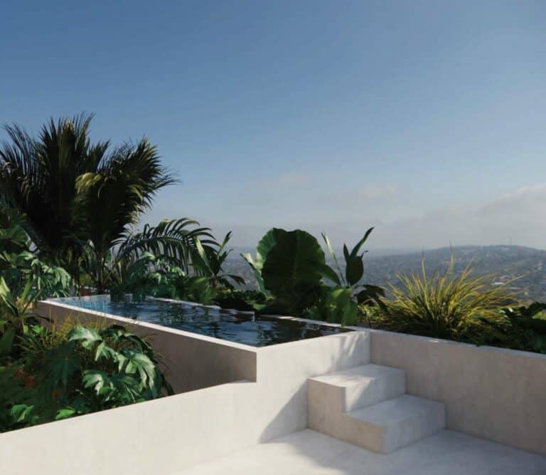 Modern rooftop garden with skyline view