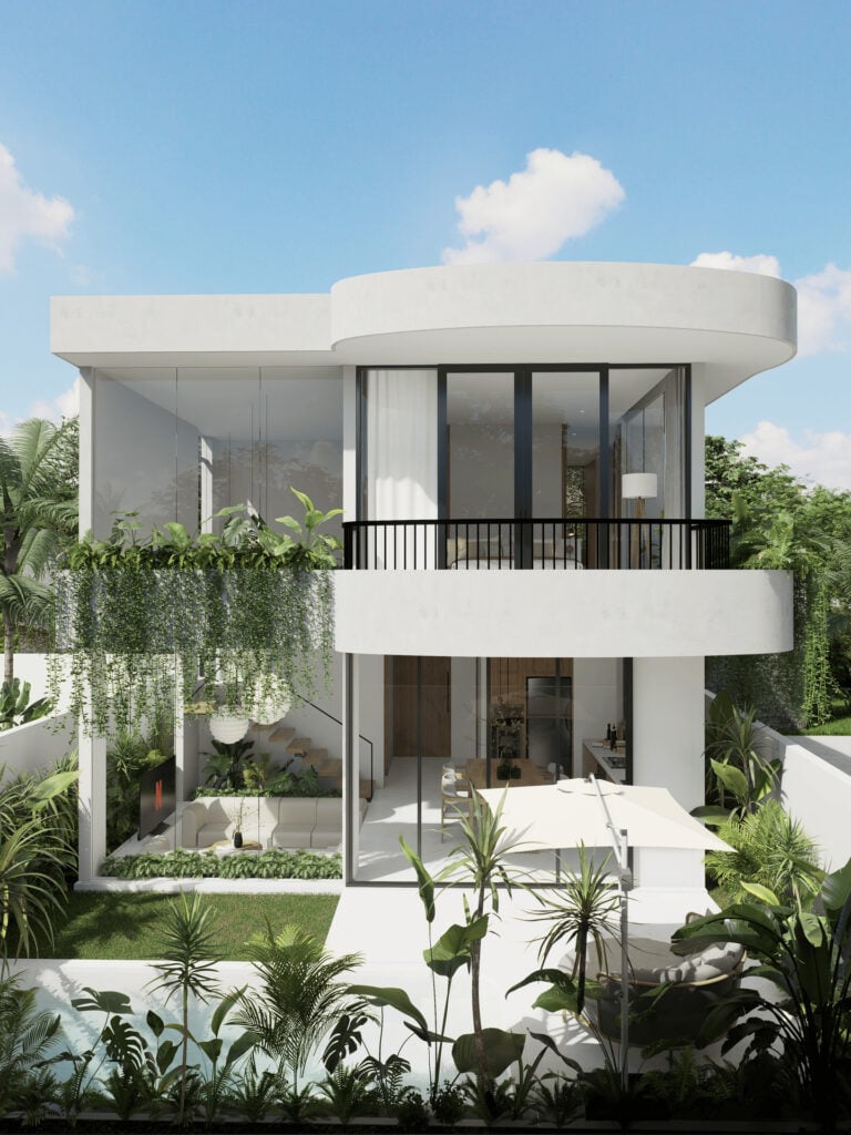 Modern white house with lush garden and pool.