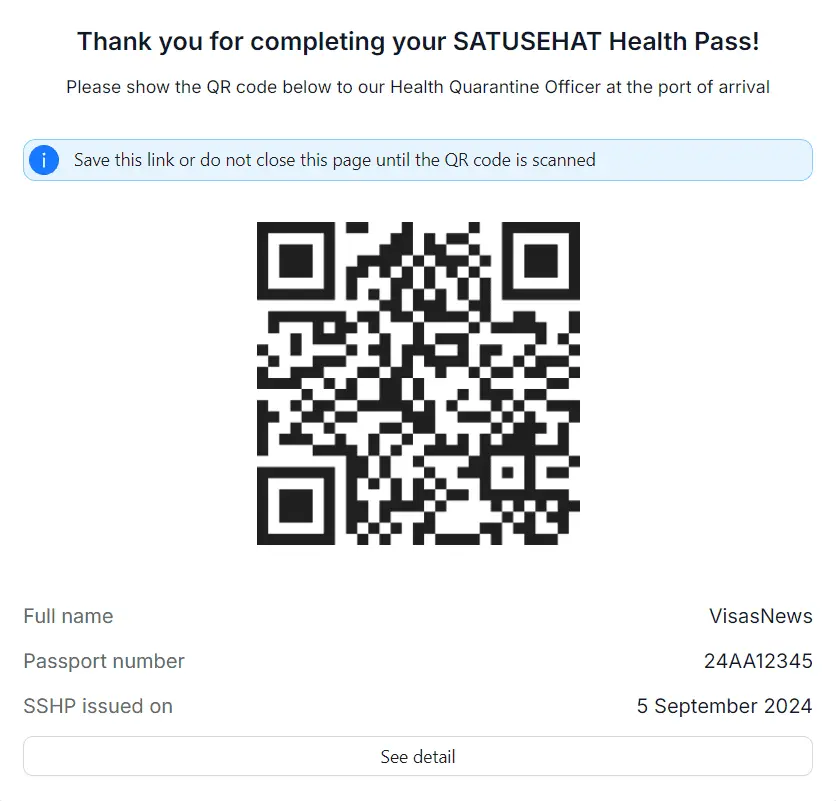 Satu Sehat Health Pass QR code and details