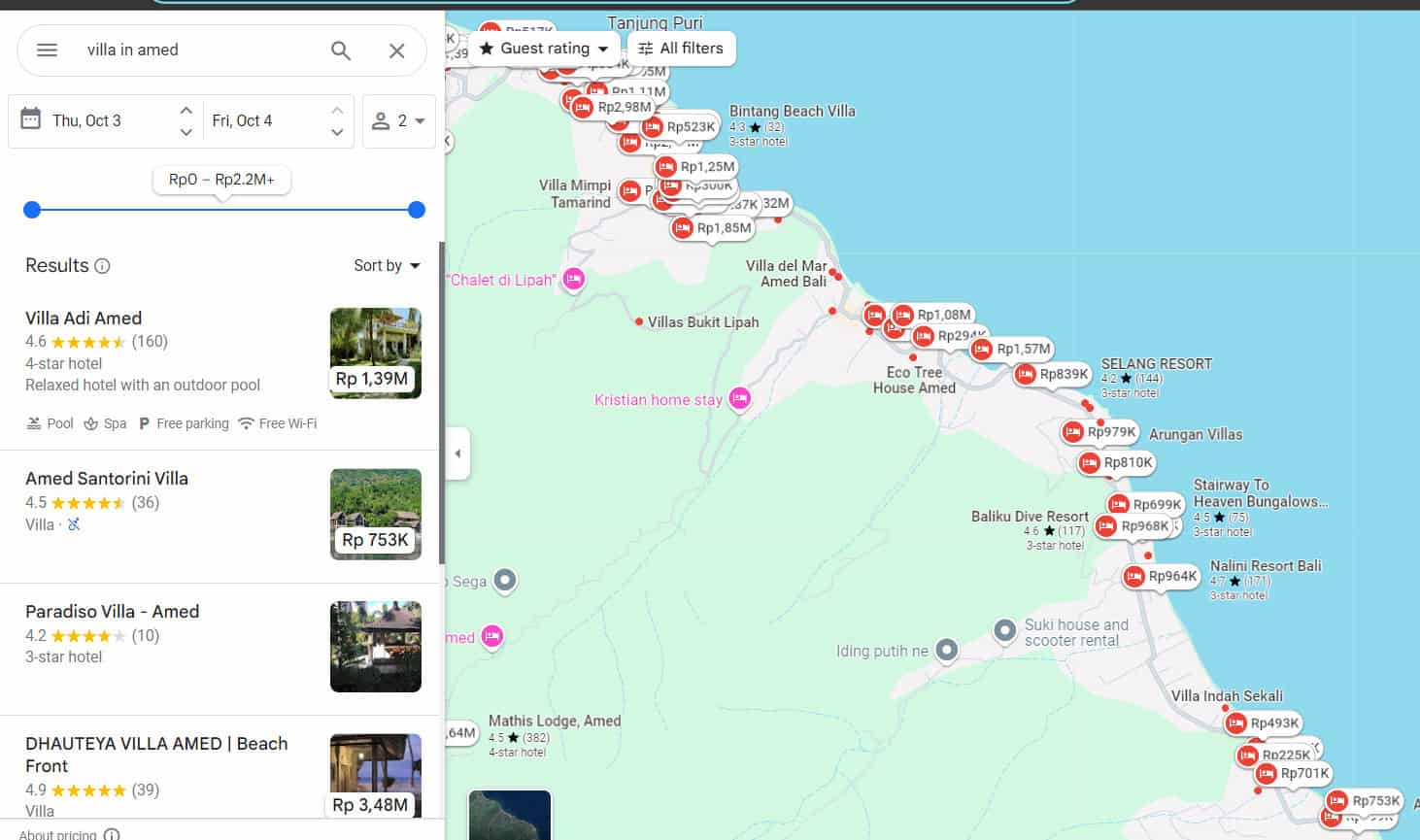 Map with villas listed in Amed, Bali