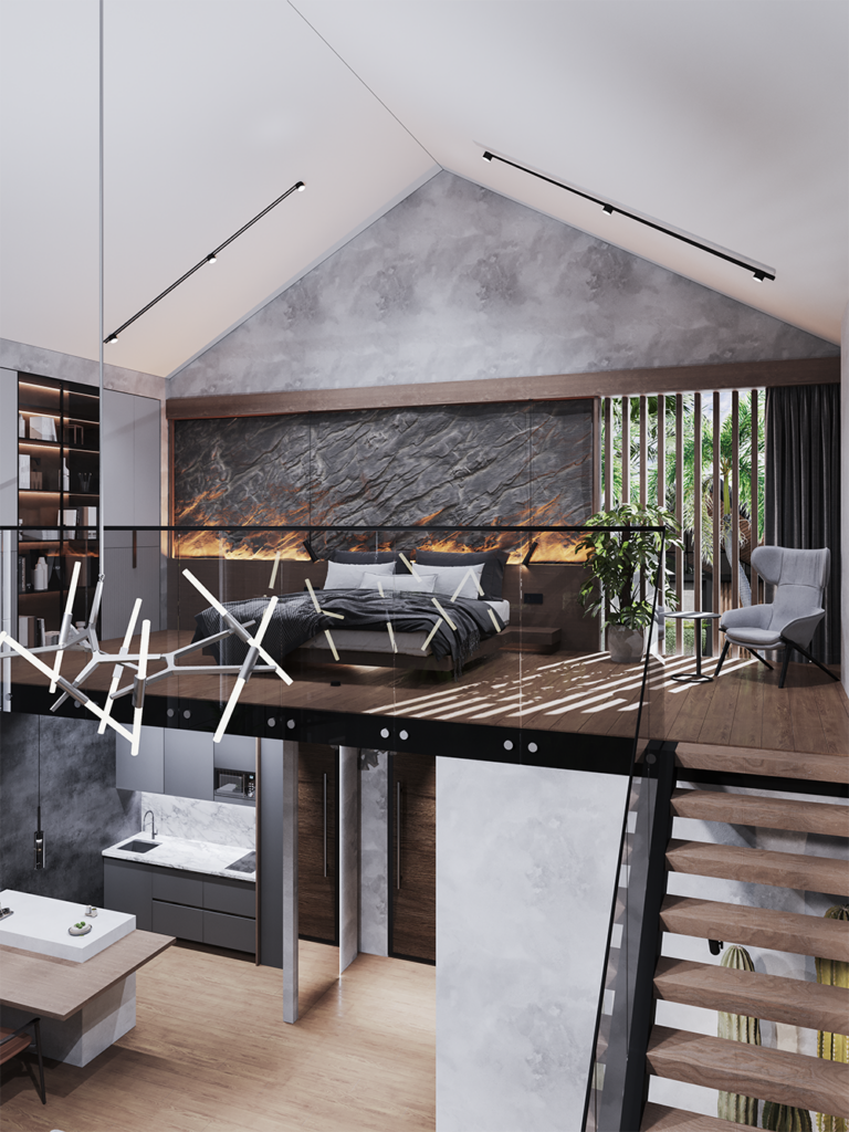 Modern loft interior with mezzanine bedroom design.