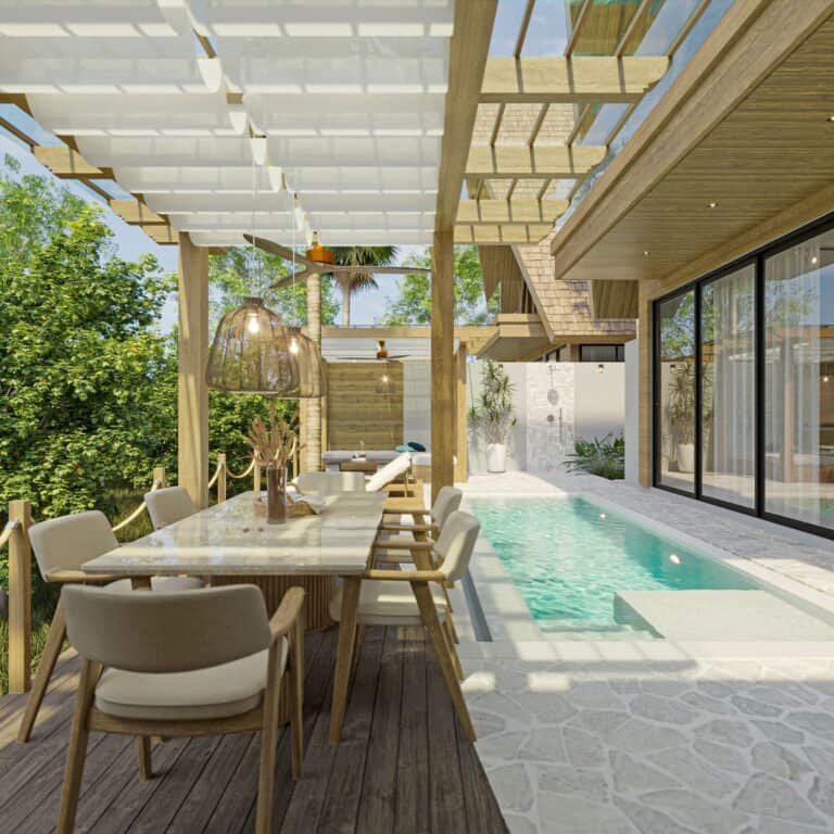 Modern outdoor patio with pool and dining area.