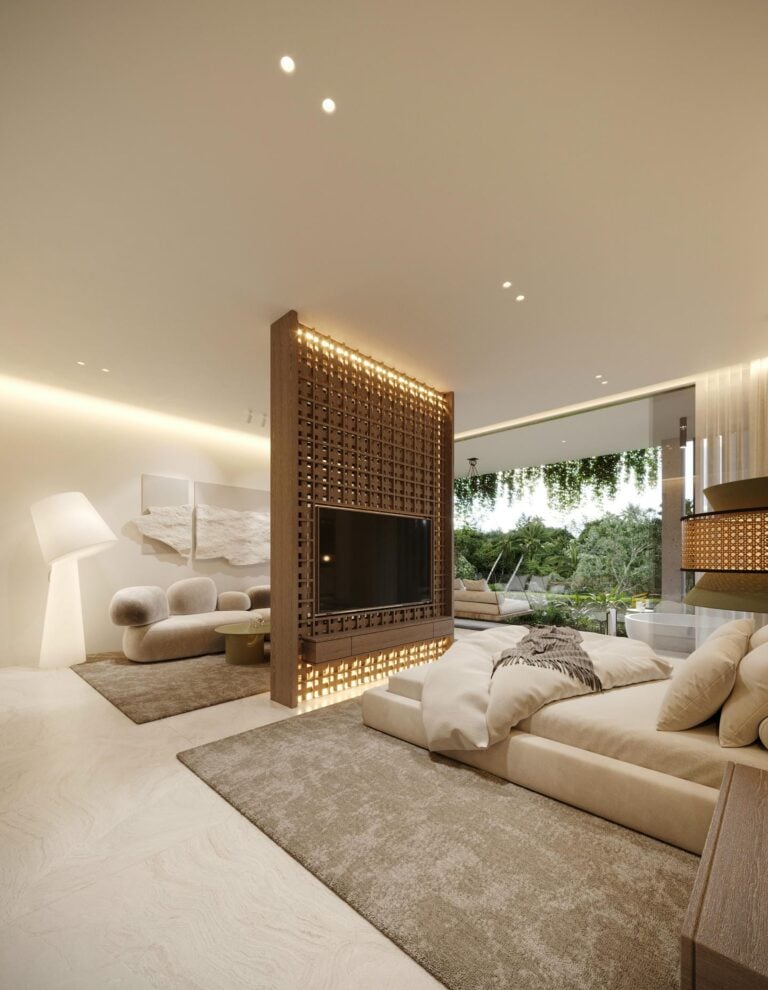 Modern living room with stylish furniture and decor.