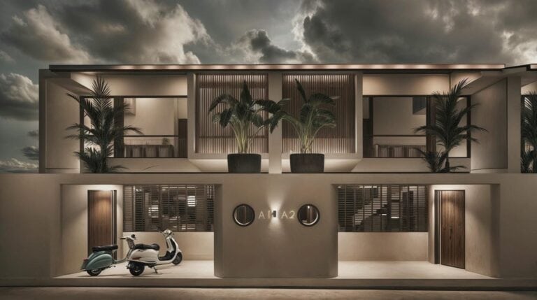 Modern villa with motorcycles and palm trees at night.