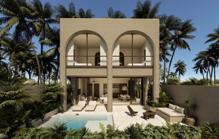 Modern tropical villa with pool and palm trees