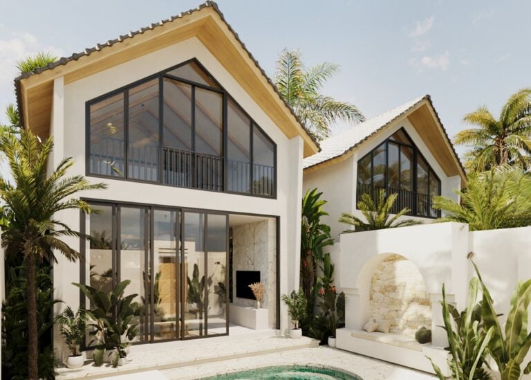 Modern house with pool and tropical plants.