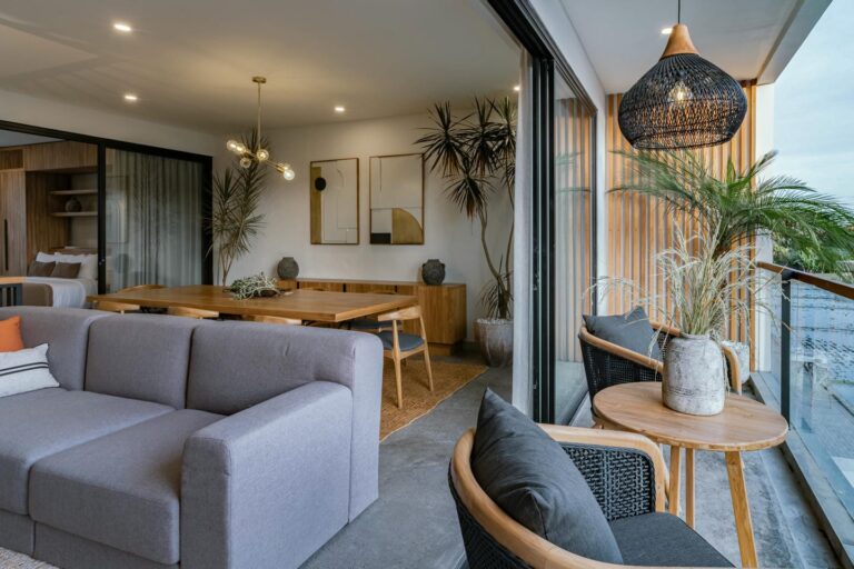 Modern living room with balcony and decor