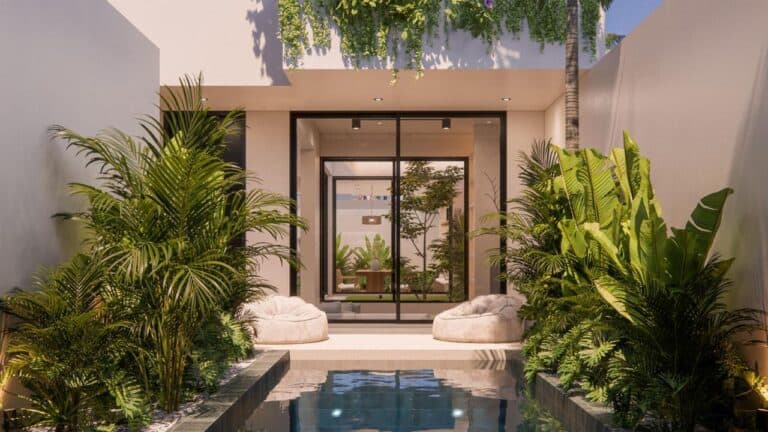 Modern courtyard with pool and lush plants