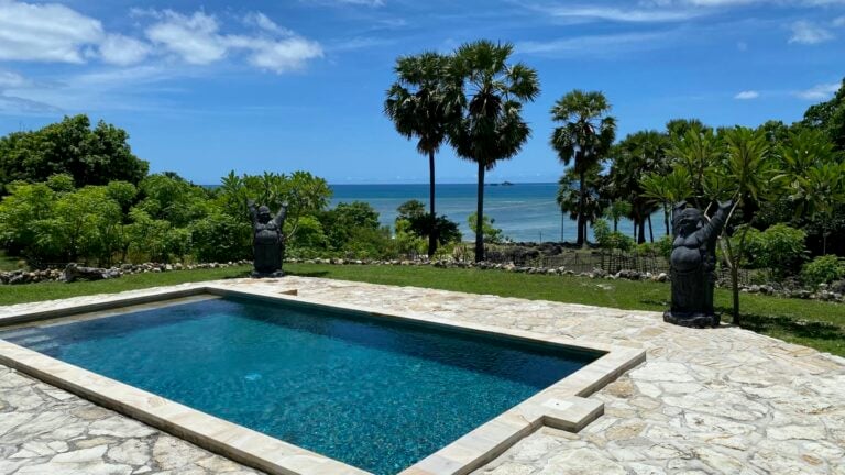 Tropical pool with ocean view and statues