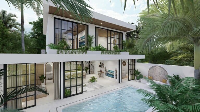 Modern house with pool and tropical plants.