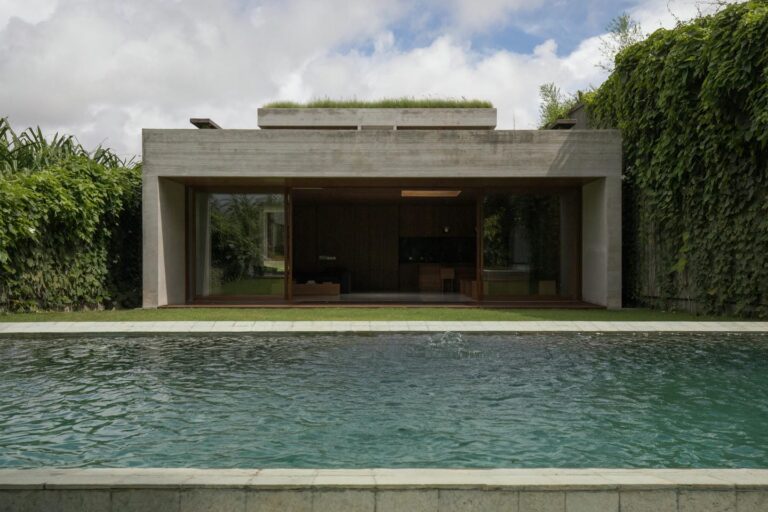 Modern villa with pool and green foliage