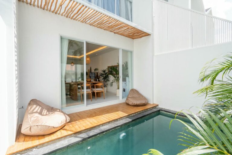 Modern patio with pool and plants