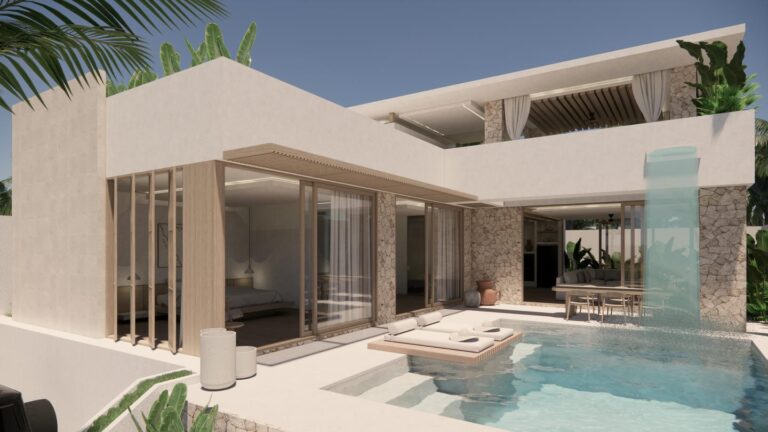 Modern villa with pool and tropical plants