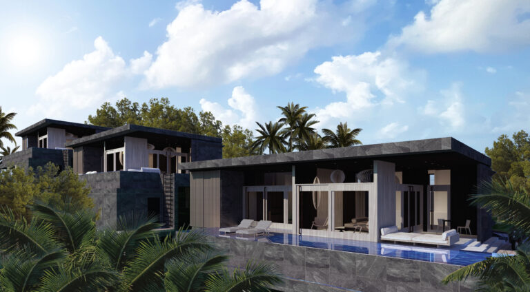 Modern luxury villa with pool and palm trees.