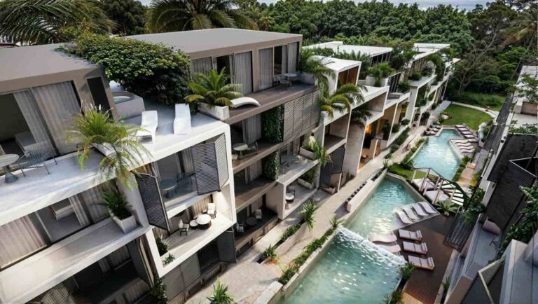 Modern apartments with rooftop gardens and swimming pool