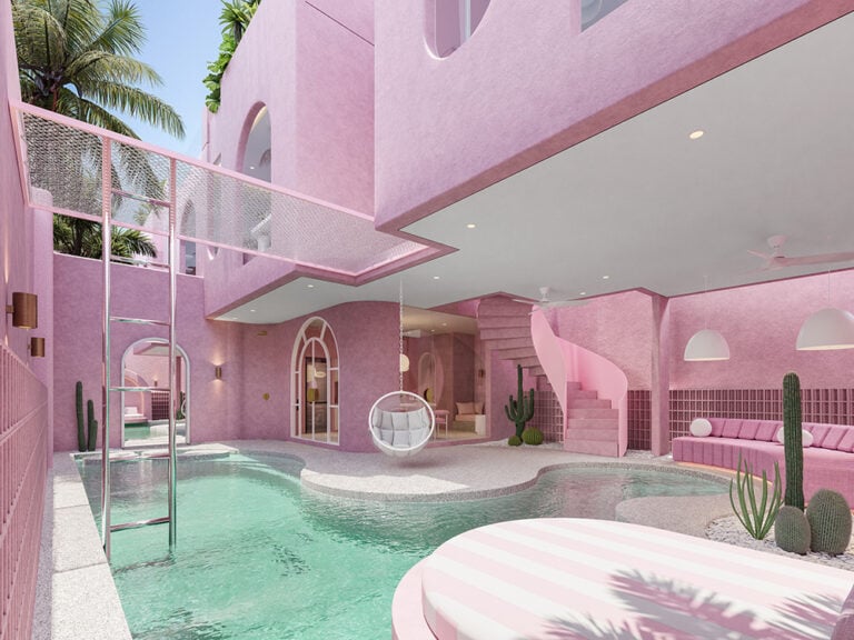 Modern pink interior with pool and plants.