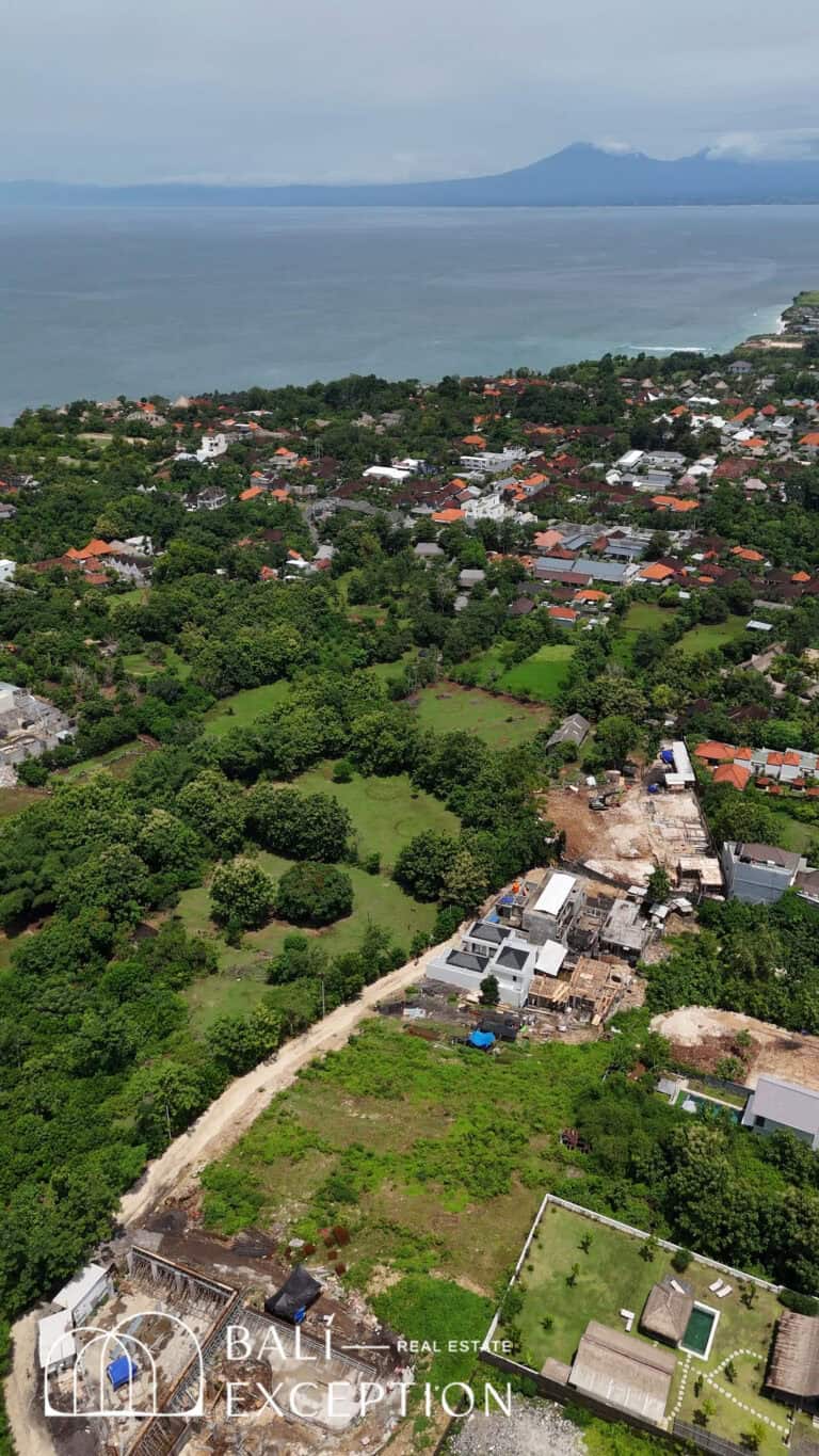 Aerial view of coastal town and lush greenery